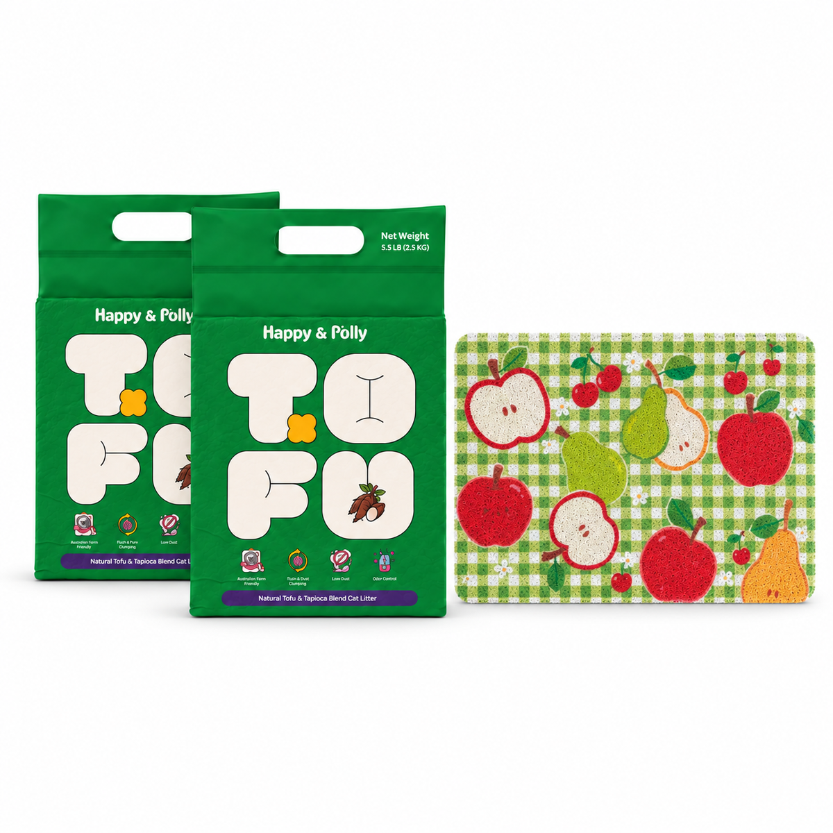 Happy &amp; Polly Tofu &amp; Cassava Cat Litter two 5.5lb Bags with Fruit Garden Cat Litter Mat — white background