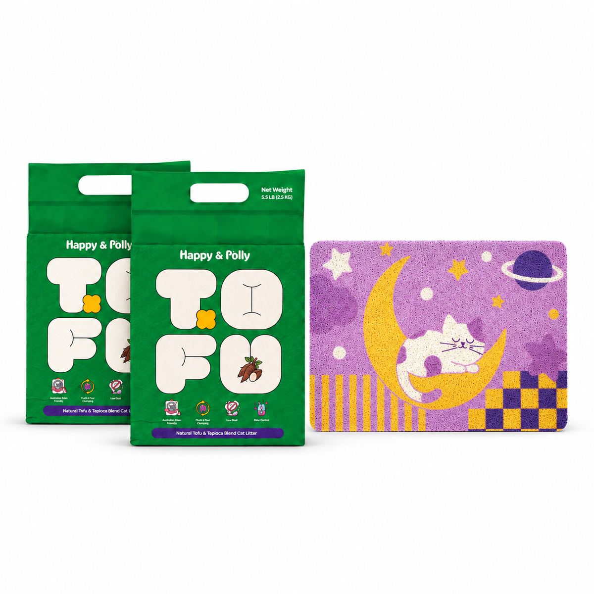 Happy &amp; Polly Tofu &amp; Cassava Cat Litter two 5.5lb Bags with Moonlight Dream Cat Litter Mat — white background
