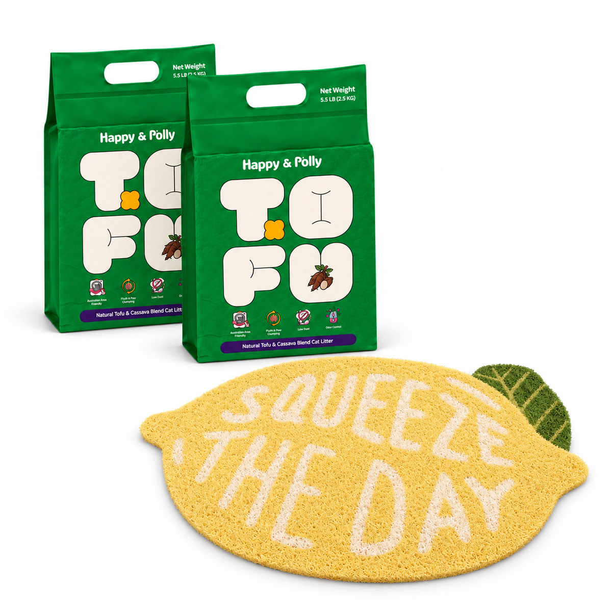 Happy &amp; Polly Tofu &amp; Cassava Cat Litter two 5.5lb Bags with Fruit Series Cat Litter Mat — Lemon — white background