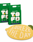 Happy & Polly Tofu & Cassava Cat Litter two 5.5lb Bags with Fruit Series Cat Litter Mat — Lemon — white background