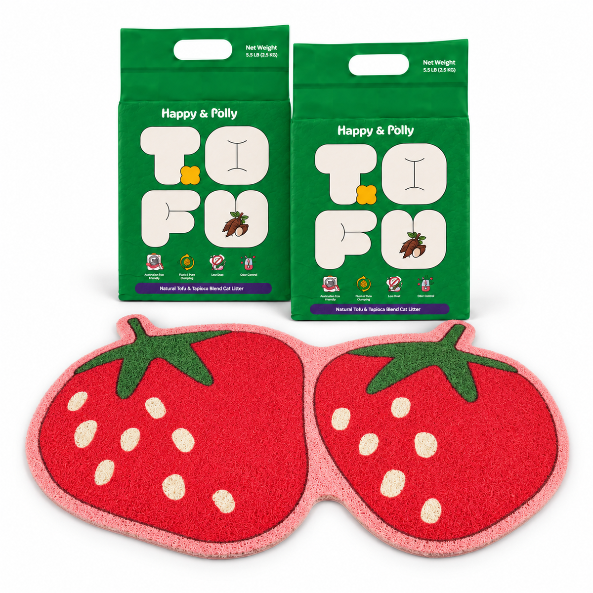 Happy &amp; Polly Tofu &amp; Cassava Cat Litter two 5.5lb Bags with Fruit Series Cat Litter Mat — Strawberry — white background