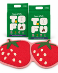 Happy & Polly Tofu & Cassava Cat Litter two 5.5lb Bags with Fruit Series Cat Litter Mat — Strawberry — white background