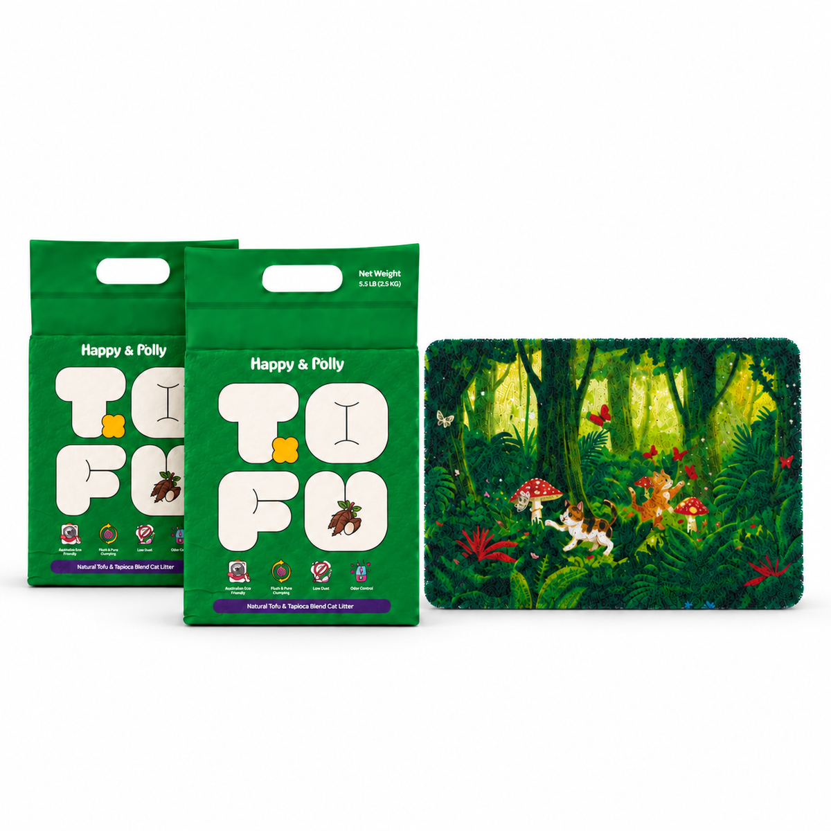 Happy &amp; Polly Tofu &amp; Cassava Cat Litter two 5.5lb Bags with Fruit Series Cat Litter Mat — Peach — white background