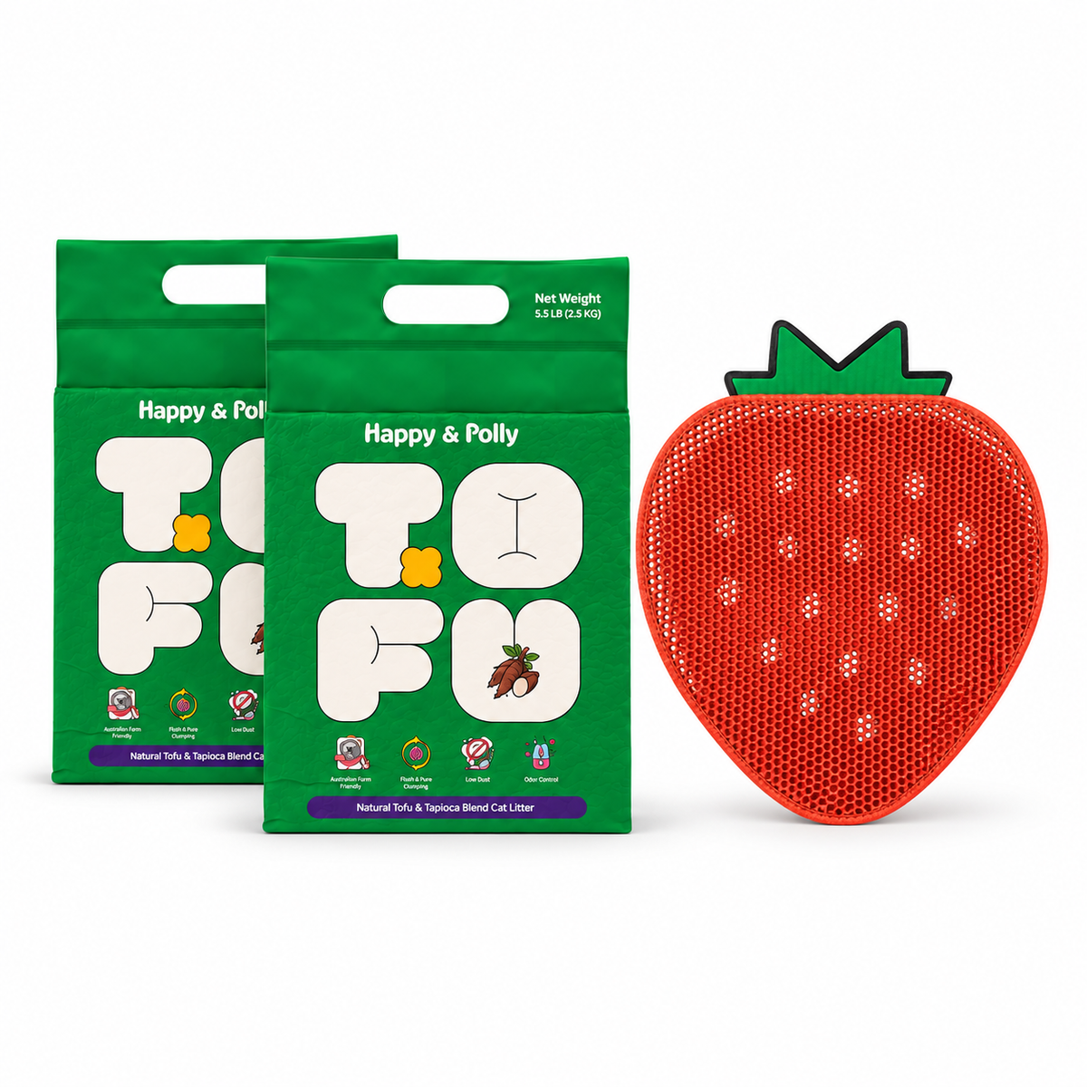 Happy &amp; Polly Tofu &amp; Cassava Cat Litter two 5.5lb Bags with Double-Layer Strawberry Cat Litter Trapping Mat – Keep Your Floors Clean — white background