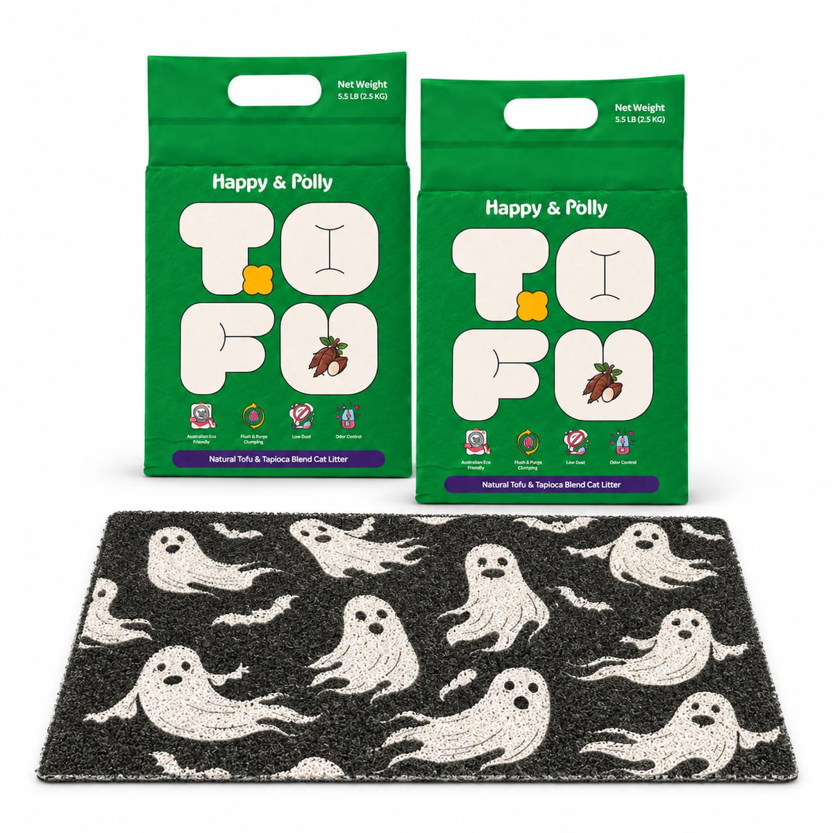 Happy &amp; Polly Tofu &amp; Cassava Cat Litter two 5.5lb Bags with Gothic Style Cat Litter Mat — Style A — white background