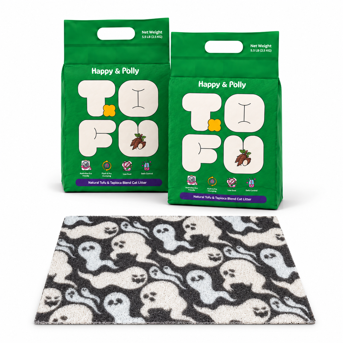 Happy &amp; Polly Tofu &amp; Cassava Cat Litter two 5.5lb Bags with Gothic Style Cat Litter Mat — Style C — white background