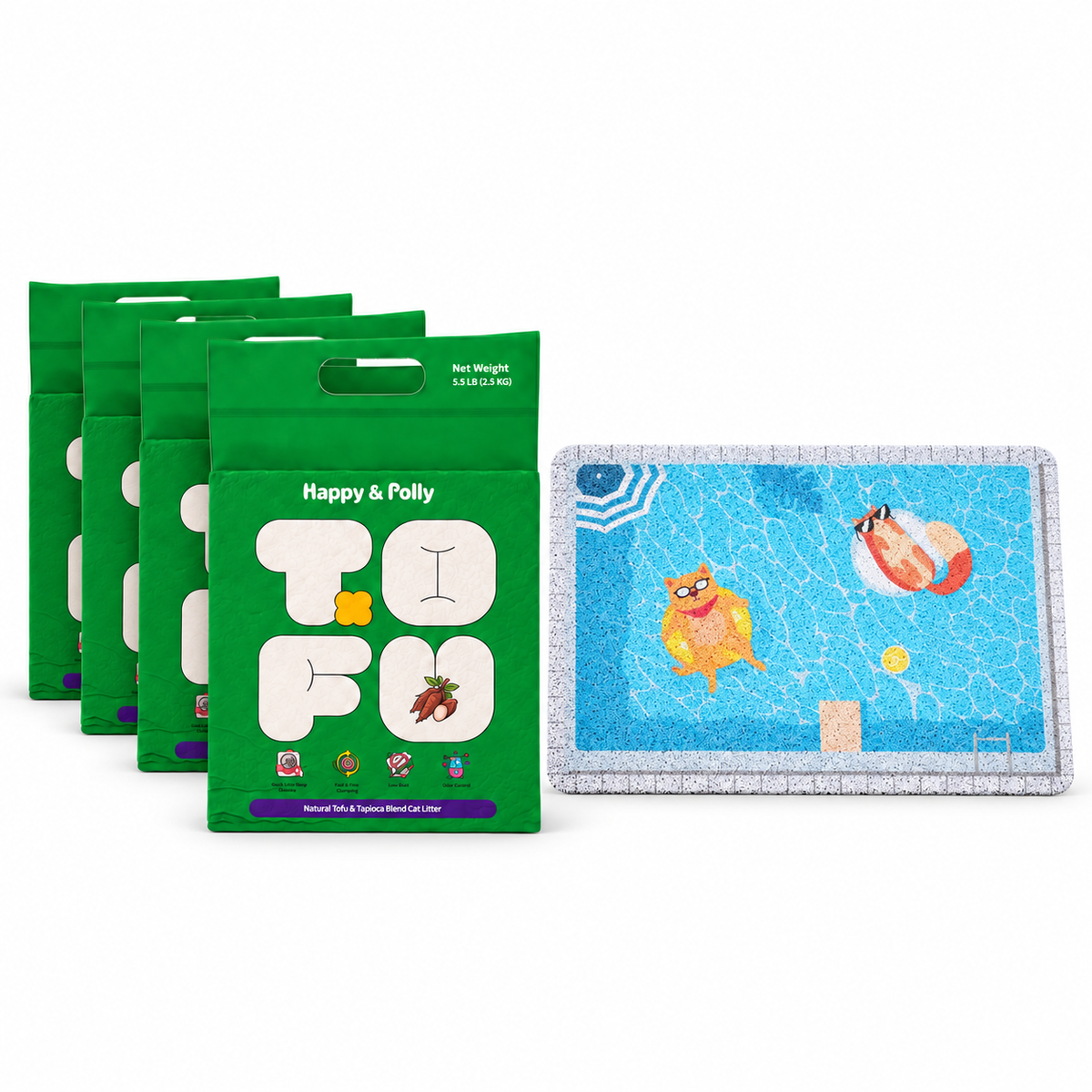 Happy &amp; Polly Tofu &amp; Cassava Cat Litter four 5.5lb Bags with Summer Pool Cat Litter Mat — white background