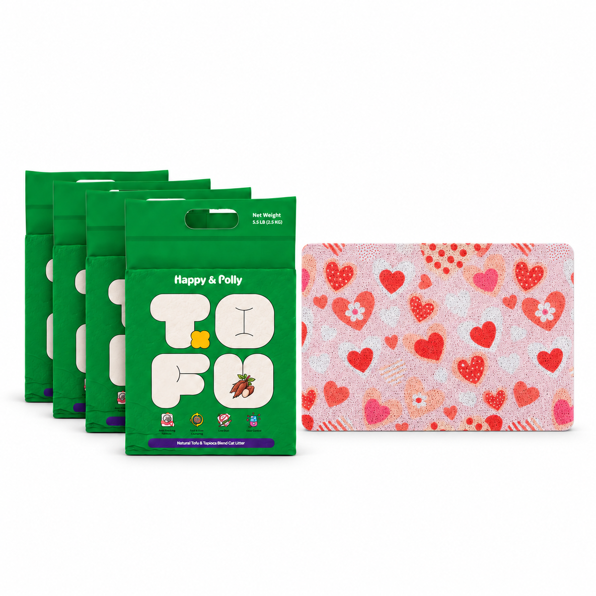 Happy &amp; Polly Tofu &amp; Cassava Cat Litter four 5.5lb Bags with Sweetie Heart Cat Litter Mat — white background