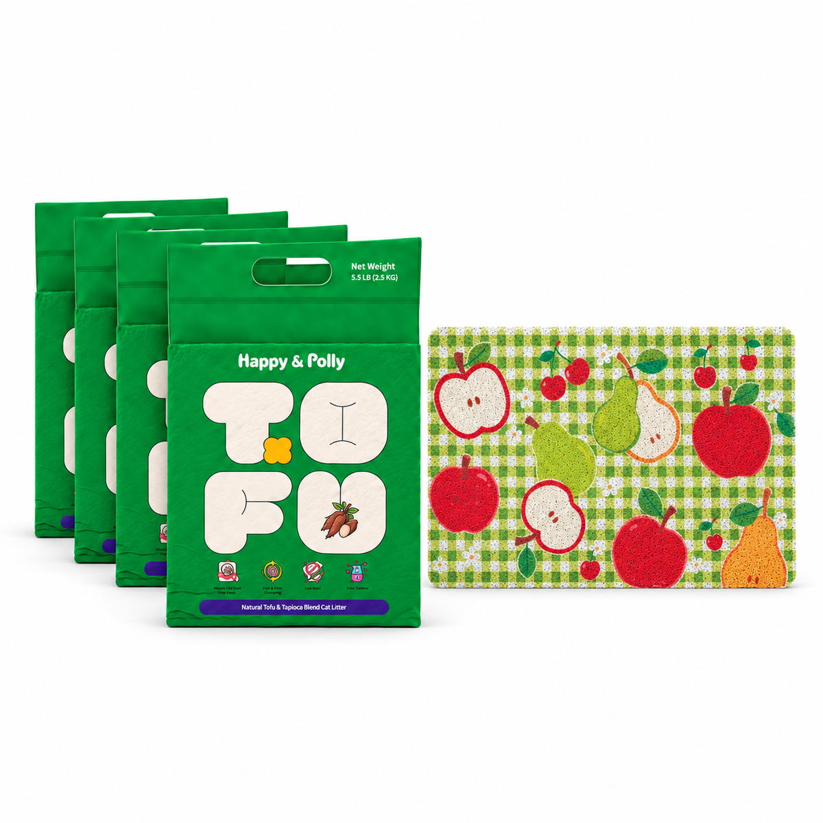 Happy &amp; Polly Tofu &amp; Cassava Cat Litter four 5.5lb Bags with Fruit Garden Cat Litter Mat — white background