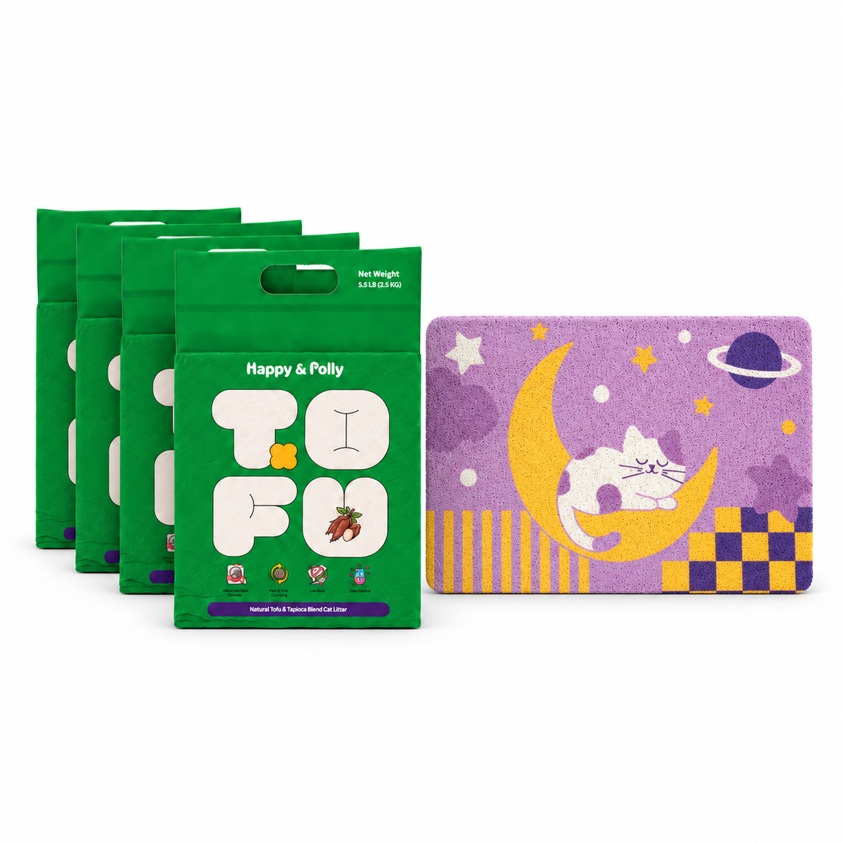 Happy &amp; Polly Tofu &amp; Cassava Cat Litter four 5.5lb Bags with Moonlight Dream Cat Litter Mat — white background