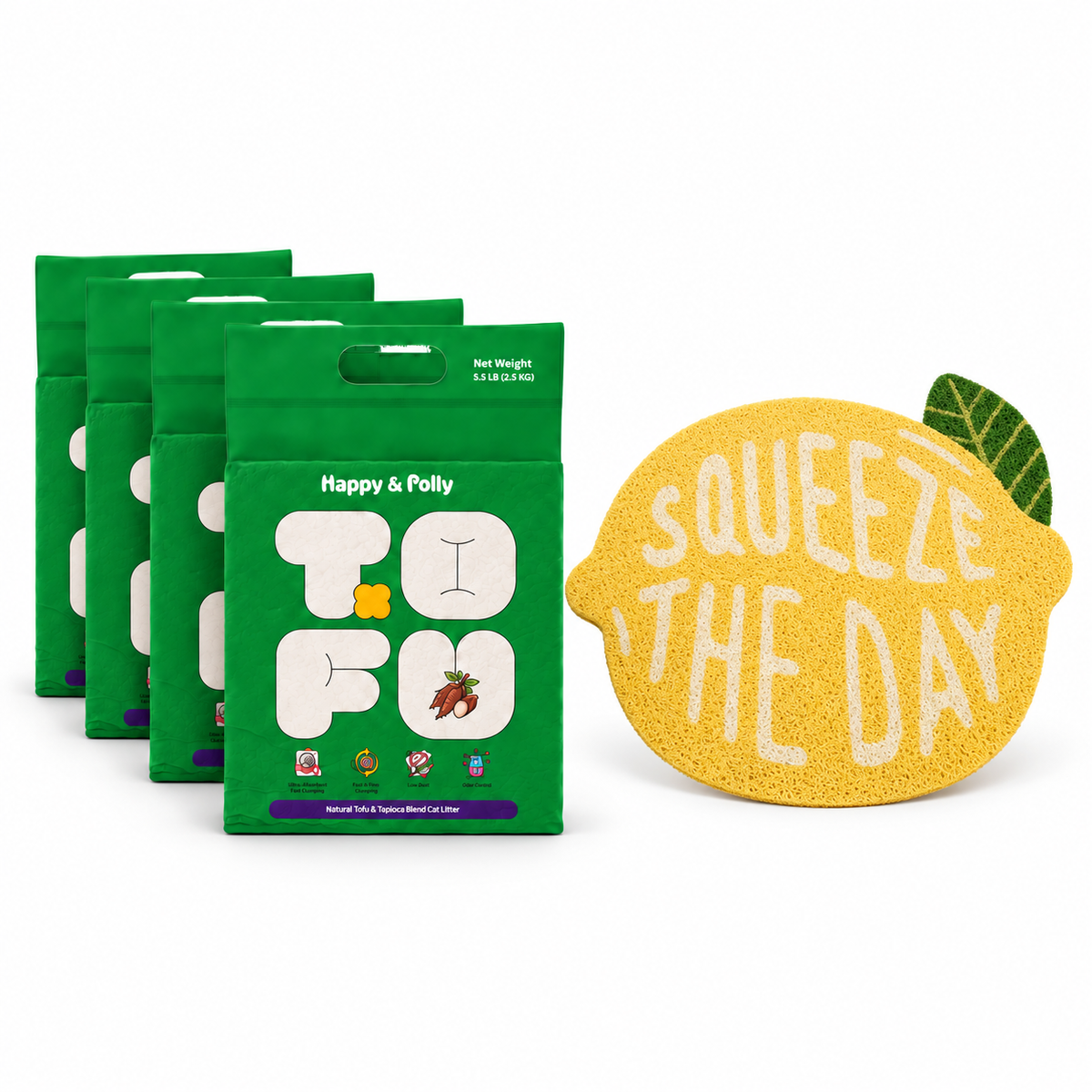 Happy &amp; Polly Tofu &amp; Cassava Cat Litter four 5.5lb Bags with Fruit Series Cat Litter Mat — Lemon — white background