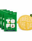 Happy & Polly Tofu & Cassava Cat Litter four 5.5lb Bags with Fruit Series Cat Litter Mat — Lemon — white background