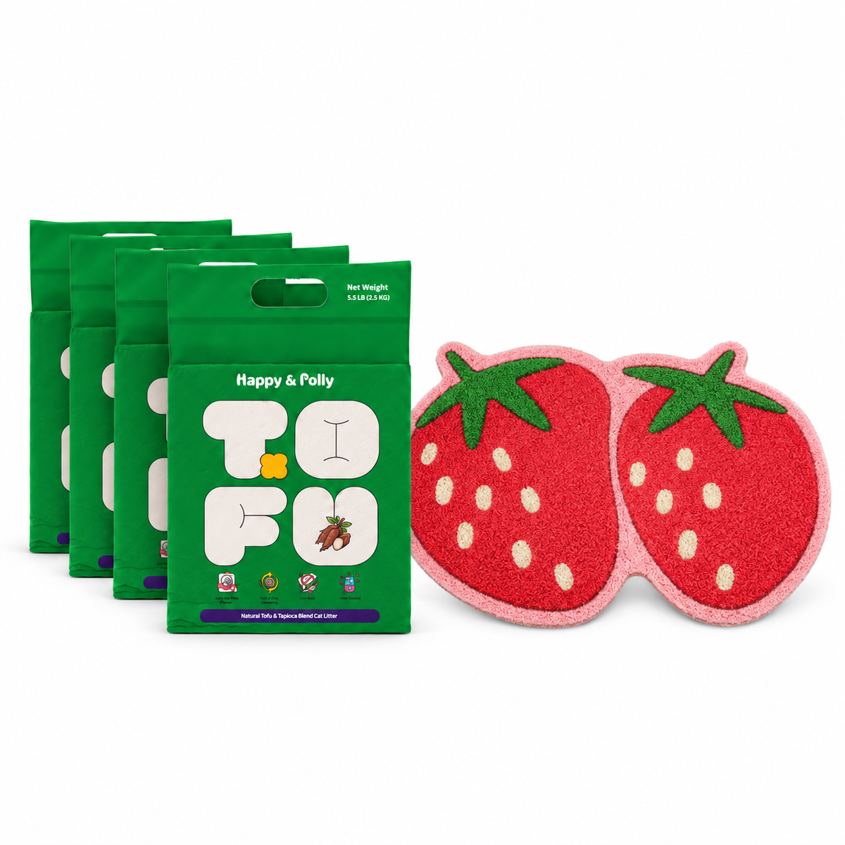 Happy &amp; Polly Tofu &amp; Cassava Cat Litter four 5.5lb Bags with Fruit Series Cat Litter Mat — Strawberry — white background