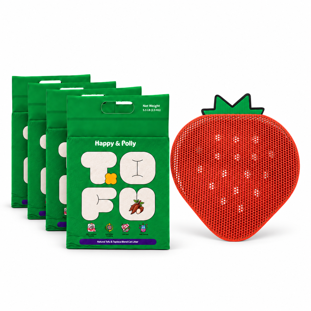 Happy &amp; Polly Tofu &amp; Cassava Cat Litter four 5.5lb Bags with Double-Layer Strawberry Cat Litter Trapping Mat – Keep Your Floors Clean — white background