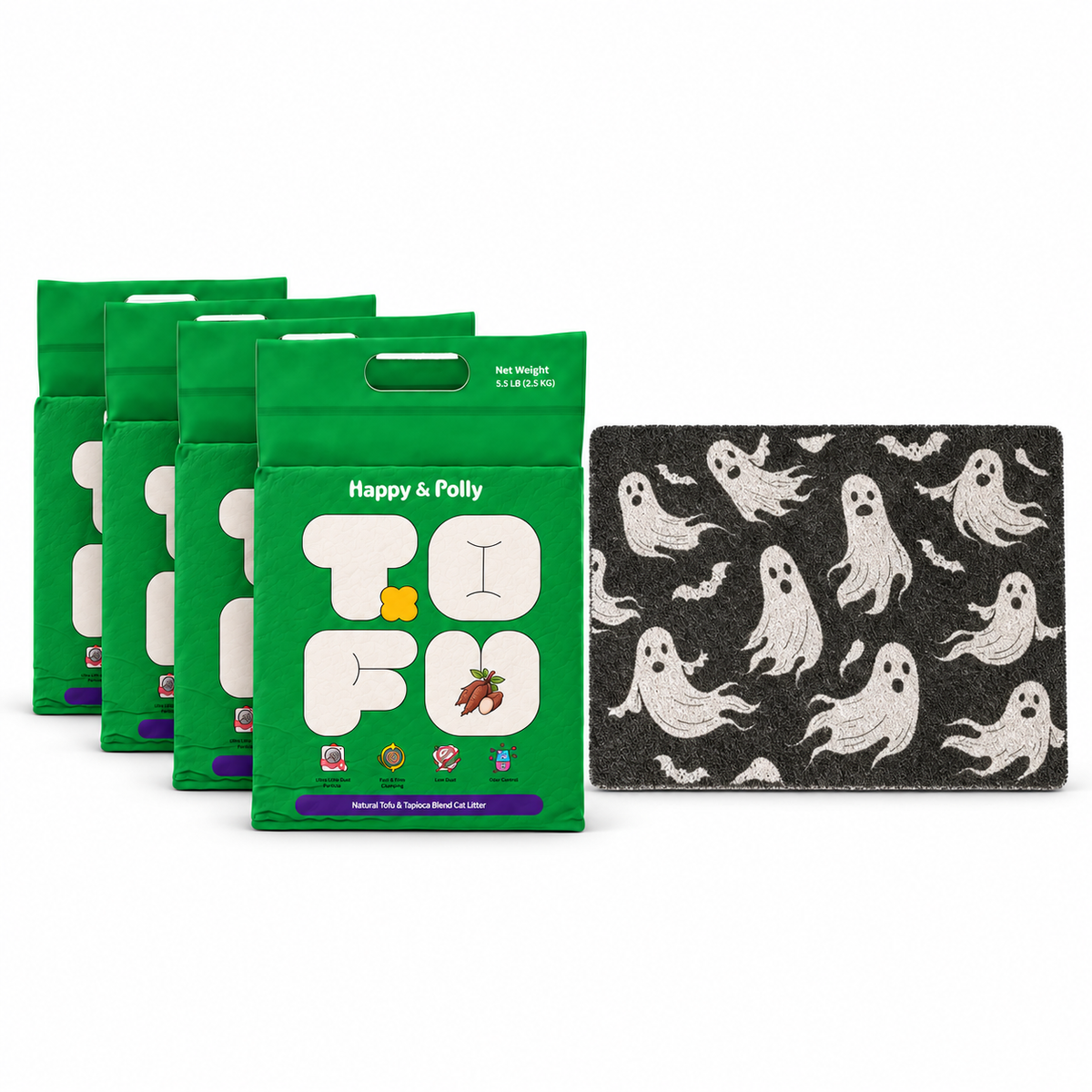 Happy &amp; Polly Tofu &amp; Cassava Cat Litter four 5.5lb Bags with Gothic Style Cat Litter Mat — Style A — white background