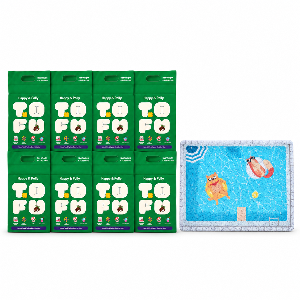 Happy &amp; Polly Tofu &amp; Cassava Cat Litter eight 5.5lb Bags with Summer Pool Cat Litter Mat — white background