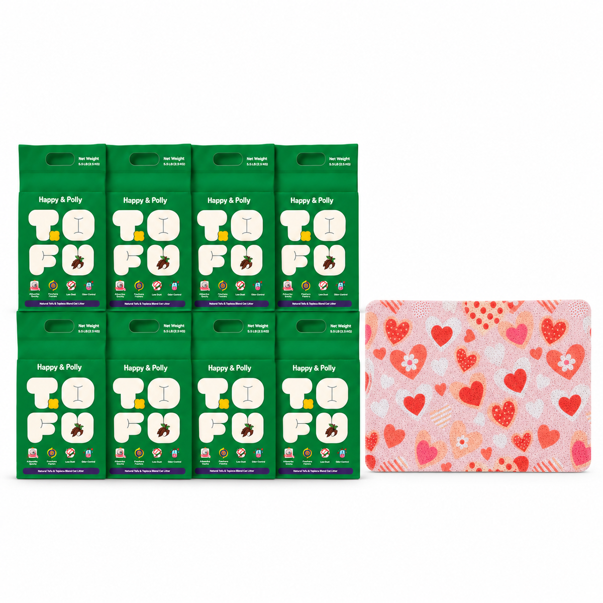 Happy &amp; Polly Tofu &amp; Cassava Cat Litter eight 5.5lb Bags with Sweetie Heart Cat Litter Mat — white background