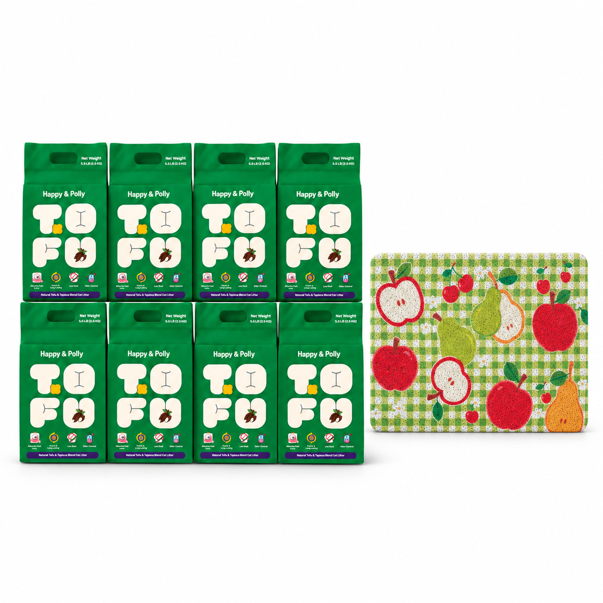 Happy &amp; Polly Tofu &amp; Cassava Cat Litter eight 5.5lb Bags with Fruit Garden Cat Litter Mat — white background