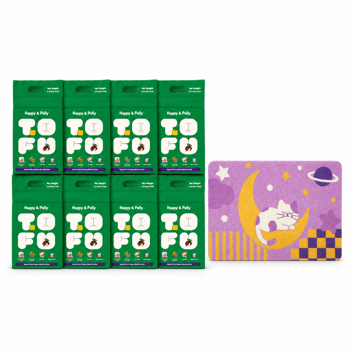 Happy &amp; Polly Tofu &amp; Cassava Cat Litter eight 5.5lb Bags with Moonlight Dream Cat Litter Mat — white background