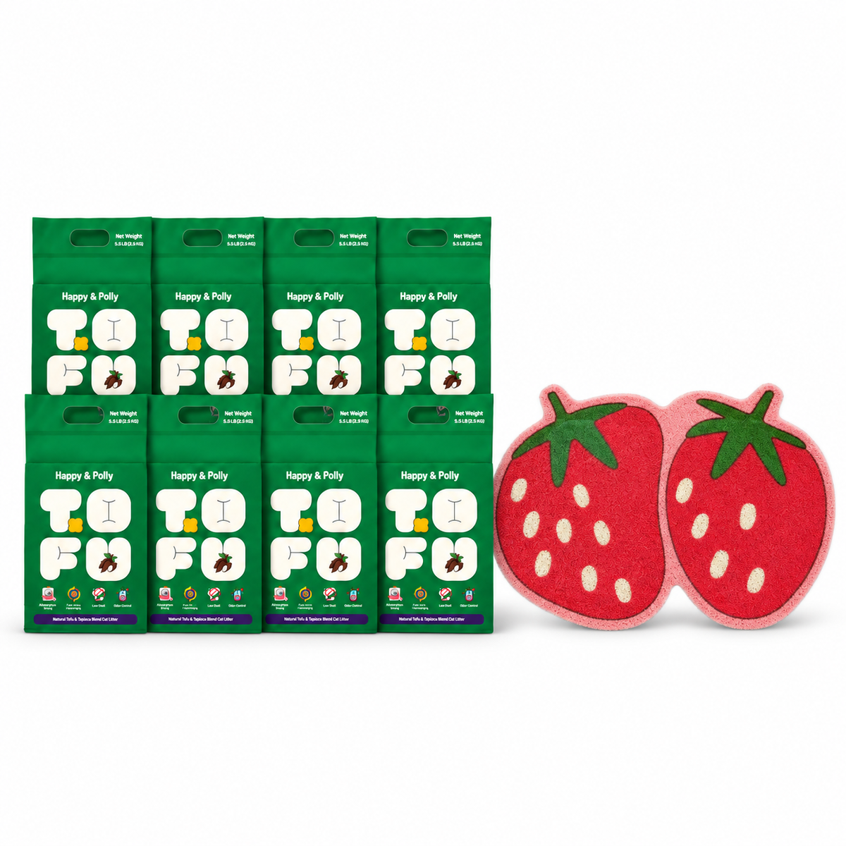 Happy &amp; Polly Tofu &amp; Cassava Cat Litter eight 5.5lb Bags with Fruit Series Cat Litter Mat — Strawberry — white background