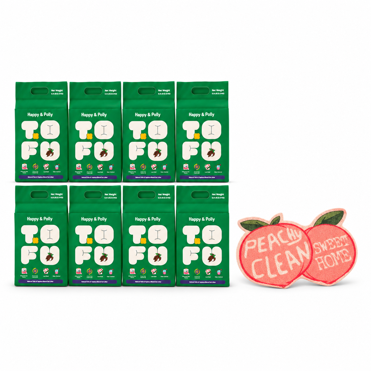 Happy &amp; Polly Tofu &amp; Cassava Cat Litter eight 5.5lb Bags with Fruit Series Cat Litter Mat — Peach — white background