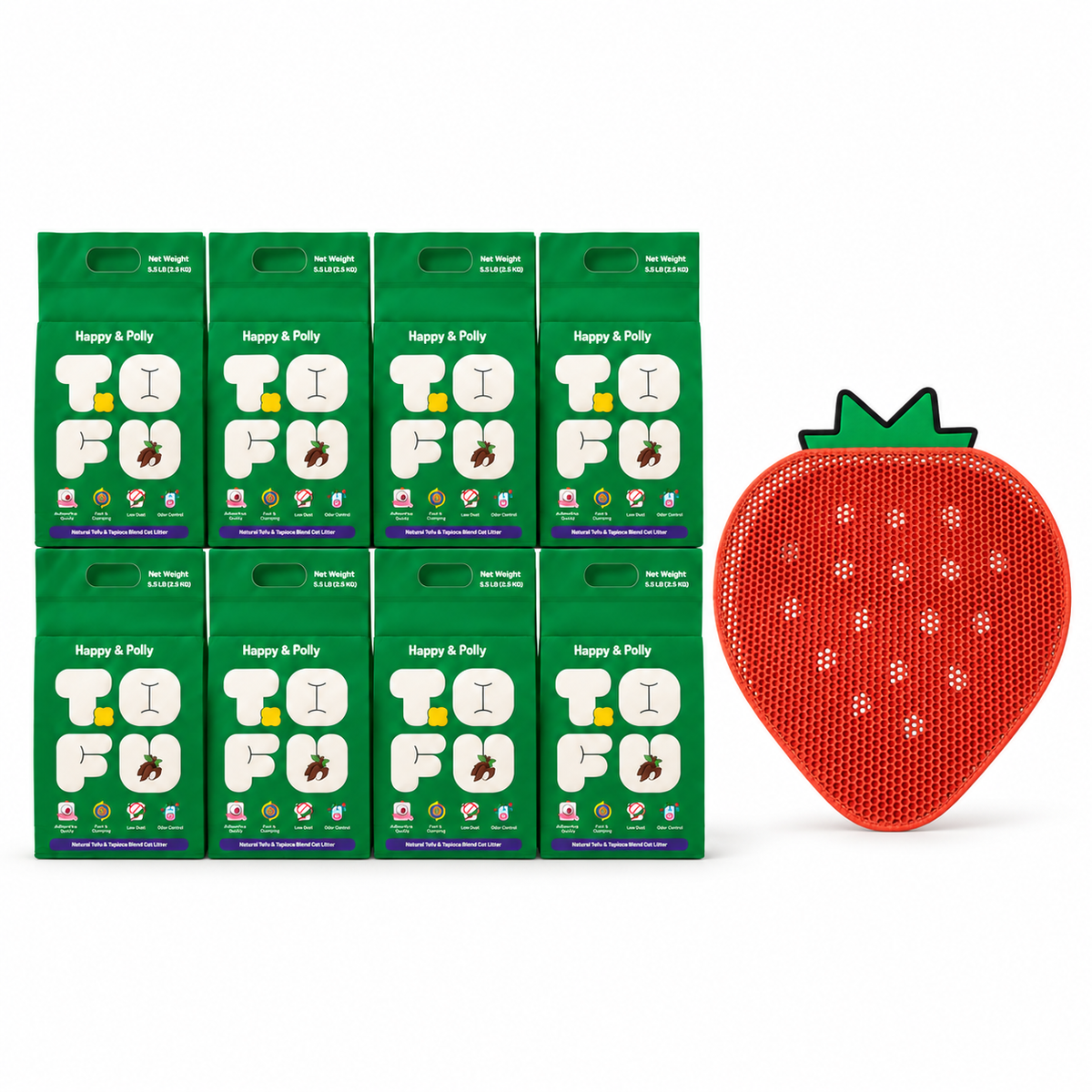 Happy &amp; Polly Tofu &amp; Cassava Cat Litter eight 5.5lb Bags with Double-Layer Strawberry Cat Litter Trapping Mat – Keep Your Floors Clean — white background