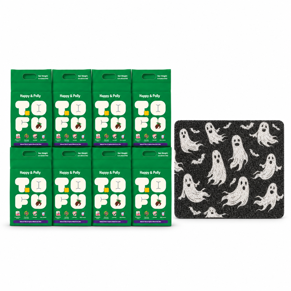 Happy &amp; Polly Tofu &amp; Cassava Cat Litter eight 5.5lb Bags with Gothic Style Cat Litter Mat — Style A — white background