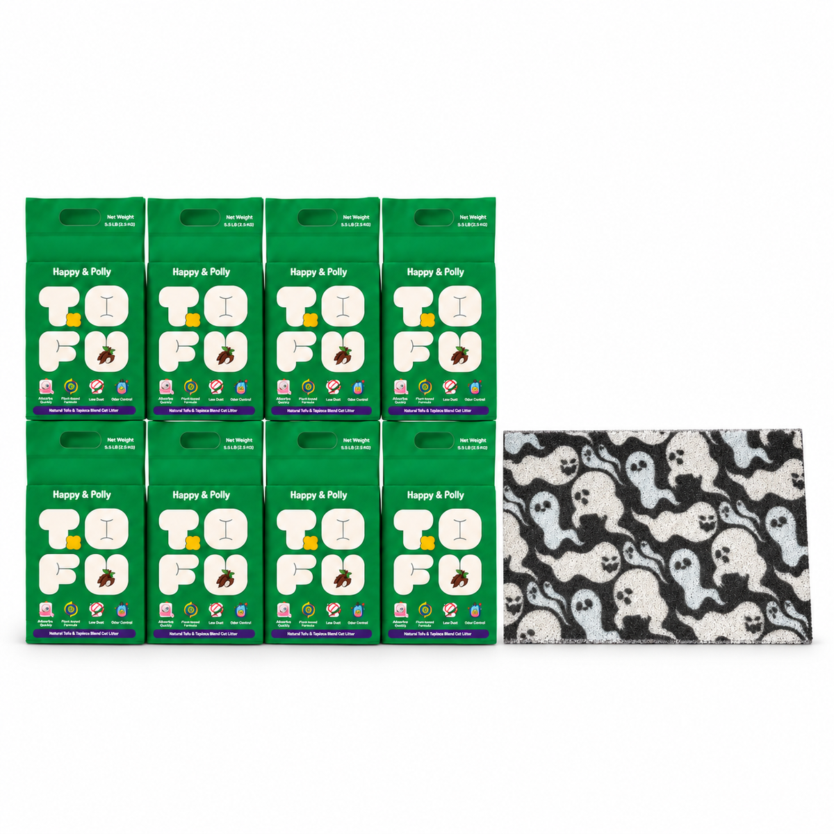 Happy &amp; Polly Tofu &amp; Cassava Cat Litter eight 5.5lb Bags with Gothic Style Cat Litter Mat — Style C — white background