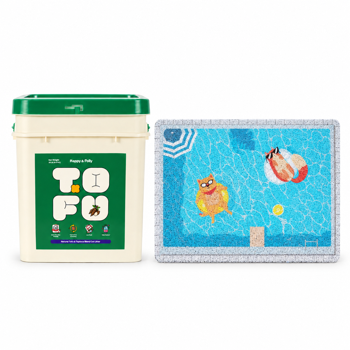 Happy &amp; Polly Tofu &amp; Cassava Cat Litter 20lb Bucket with Summer Pool Cat Litter Mat — white background