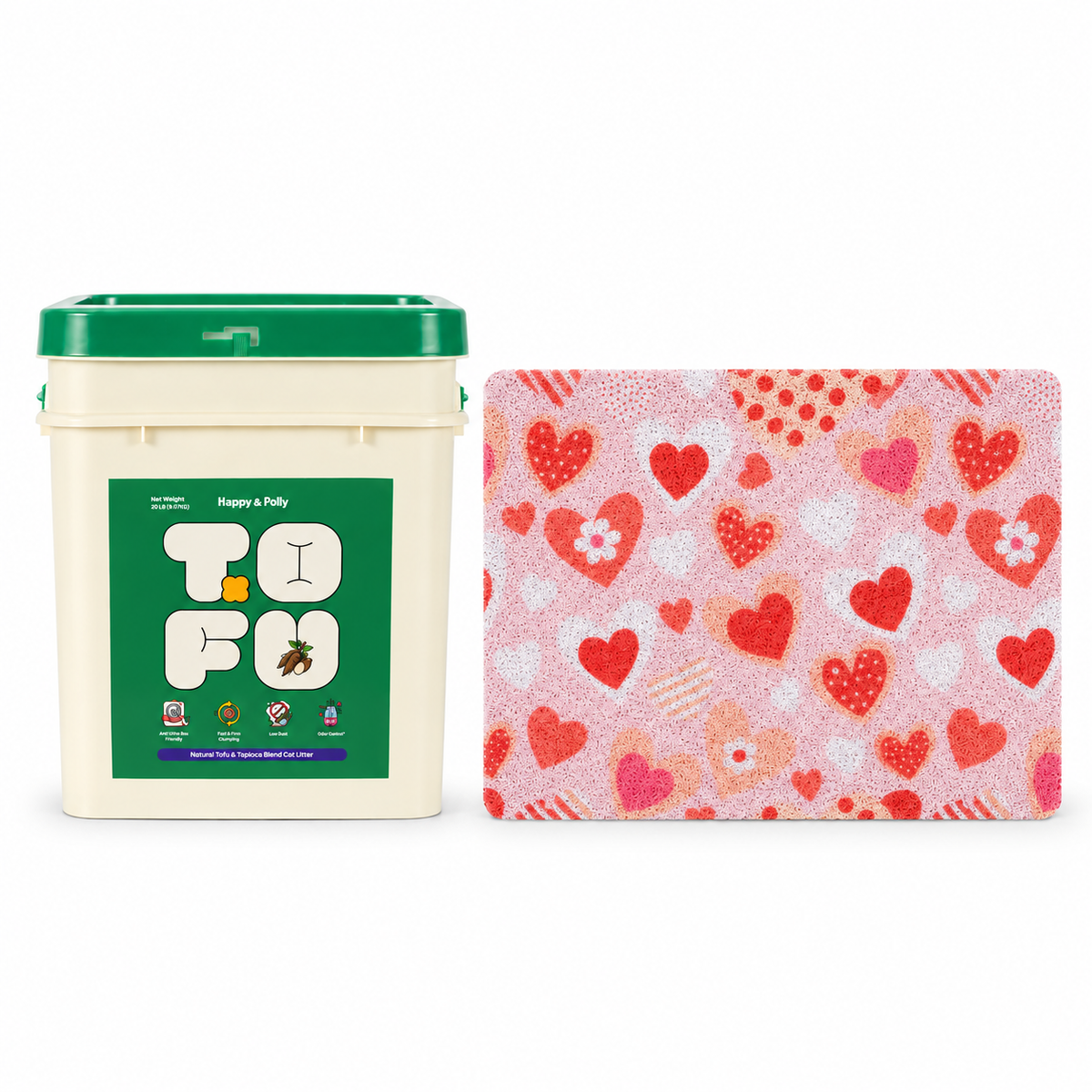 Happy &amp; Polly Tofu &amp; Cassava Cat Litter 20lb Bucket with Sweetie Heart Cat Litter Mat — white background