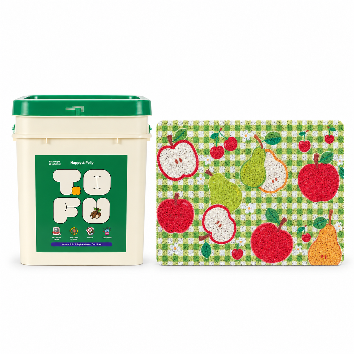 Happy &amp; Polly Tofu &amp; Cassava Cat Litter 20lb Bucket with Fruit Garden Cat Litter Mat — white background