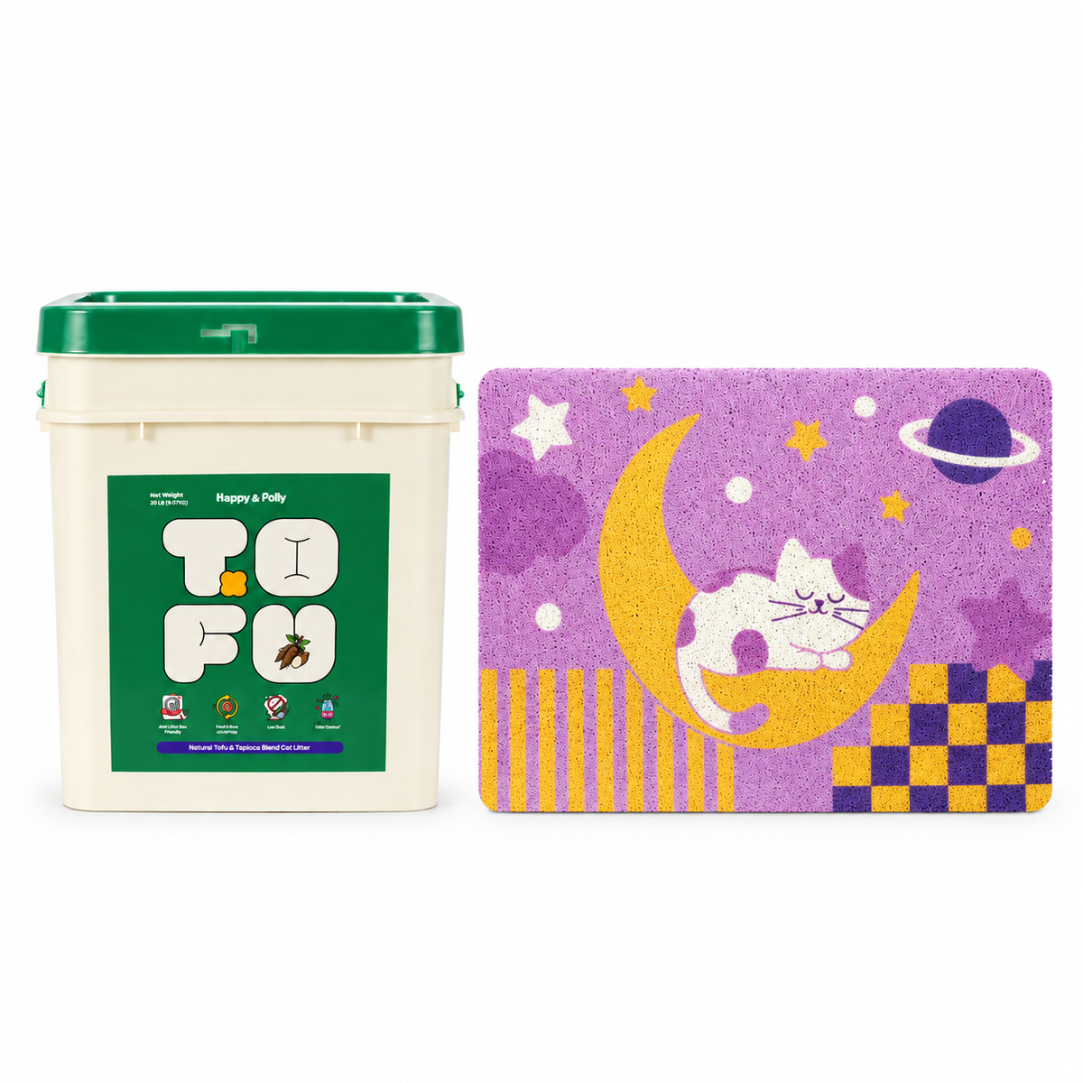 Happy &amp; Polly Tofu &amp; Cassava Cat Litter 20lb Bucket with Moonlight Dream Cat Litter Mat — white background