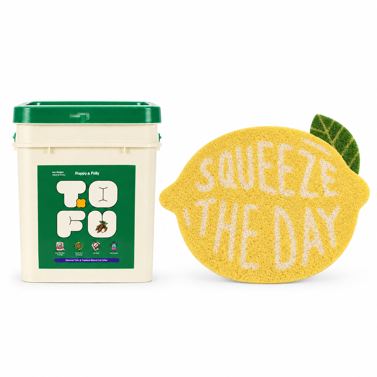 Happy &amp; Polly Tofu &amp; Cassava Cat Litter 20lb Bucket with Fruit Series Cat Litter Mat — Lemon — white background