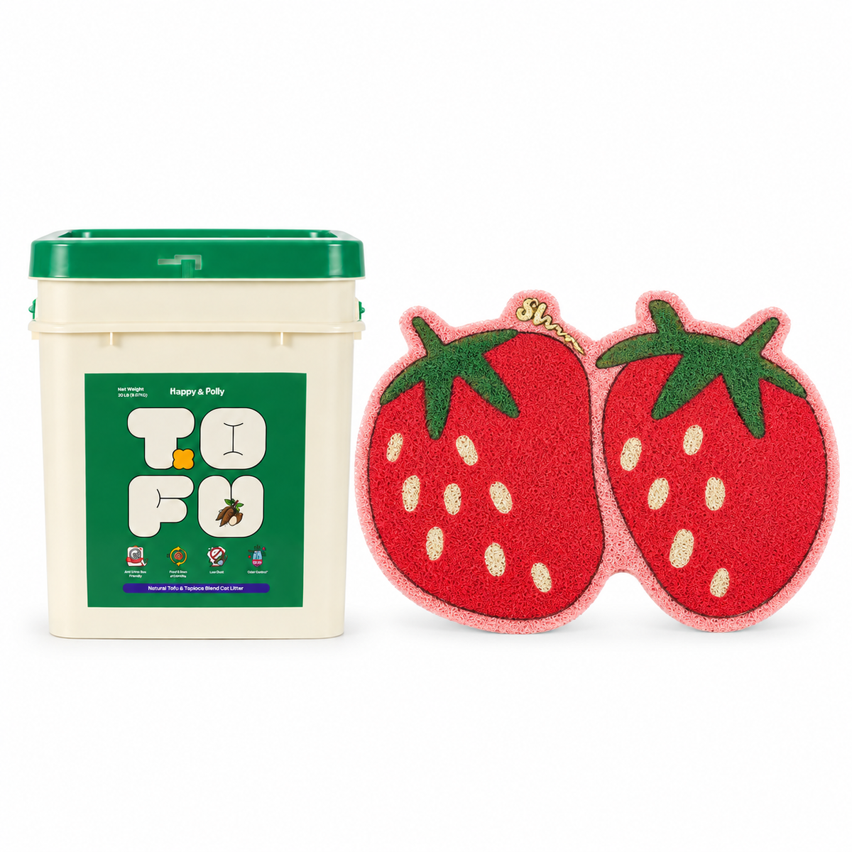 Happy &amp; Polly Tofu &amp; Cassava Cat Litter 20lb Bucket with Fruit Series Cat Litter Mat — Strawberry — white background