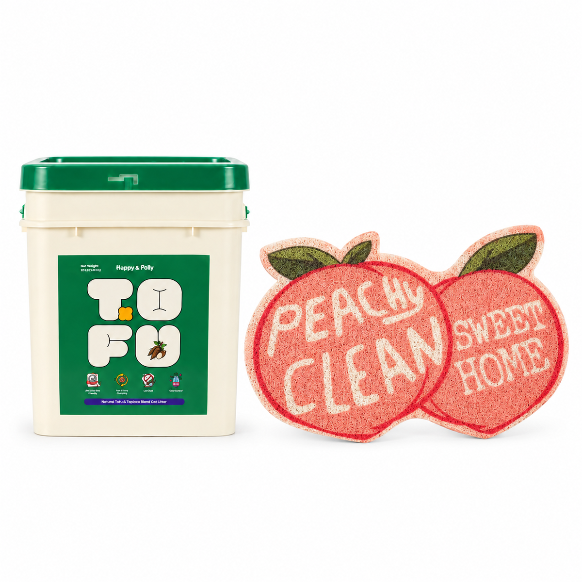 Happy &amp; Polly Tofu &amp; Cassava Cat Litter 20lb Bucket with Fruit Series Cat Litter Mat — Peach — white background