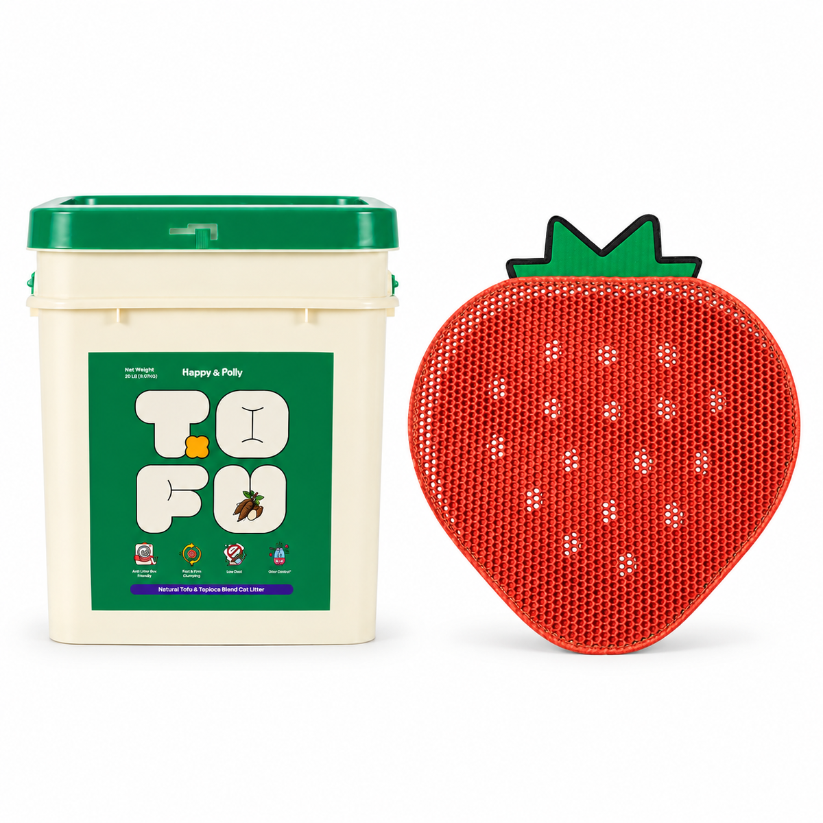 Happy &amp; Polly Tofu &amp; Cassava Cat Litter 20lb Bucket with Double-Layer Strawberry Cat Litter Trapping Mat – Keep Your Floors Clean — white background