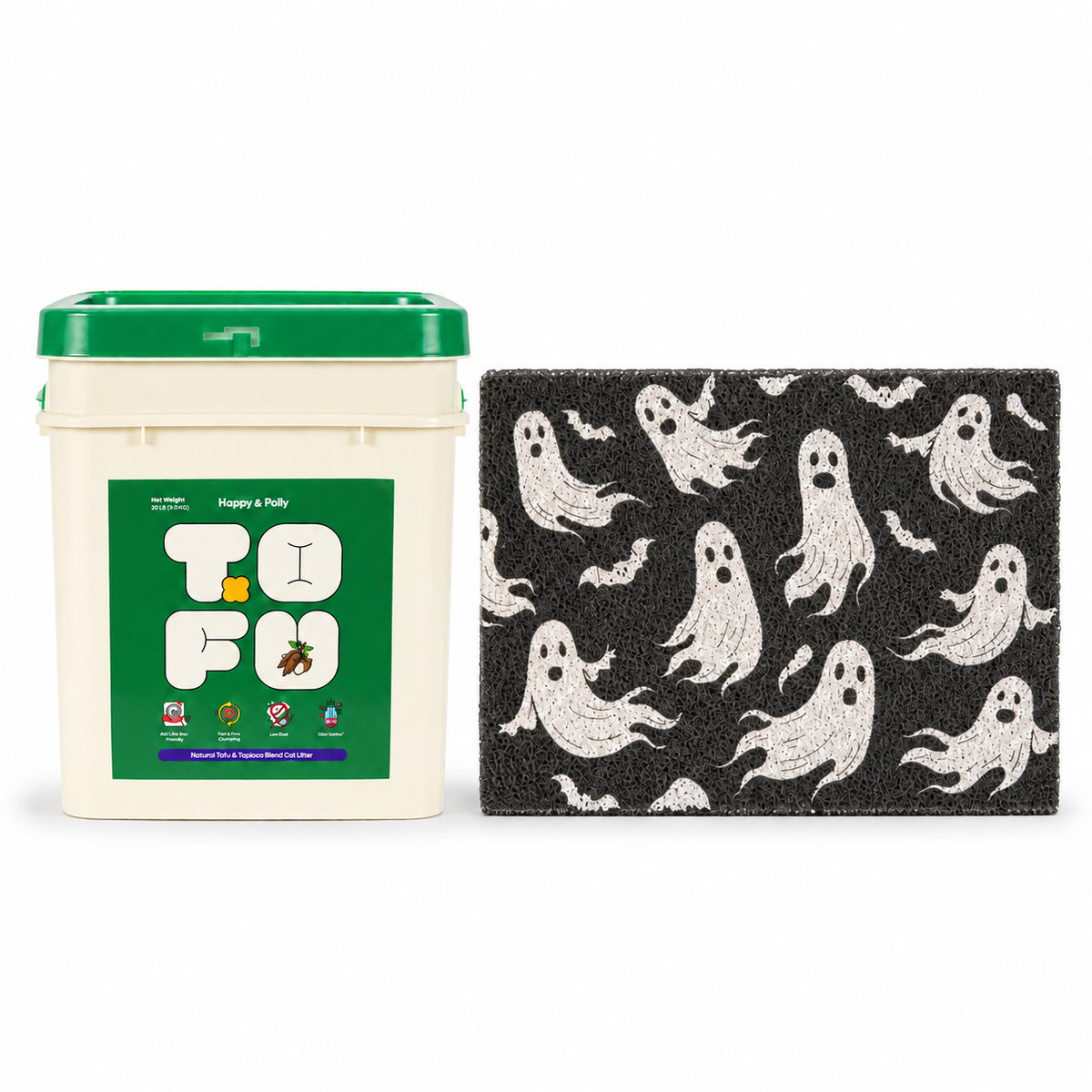 Happy &amp; Polly Tofu &amp; Cassava Cat Litter 20lb Bucket with Gothic Style Cat Litter Mat — Style A — white background
