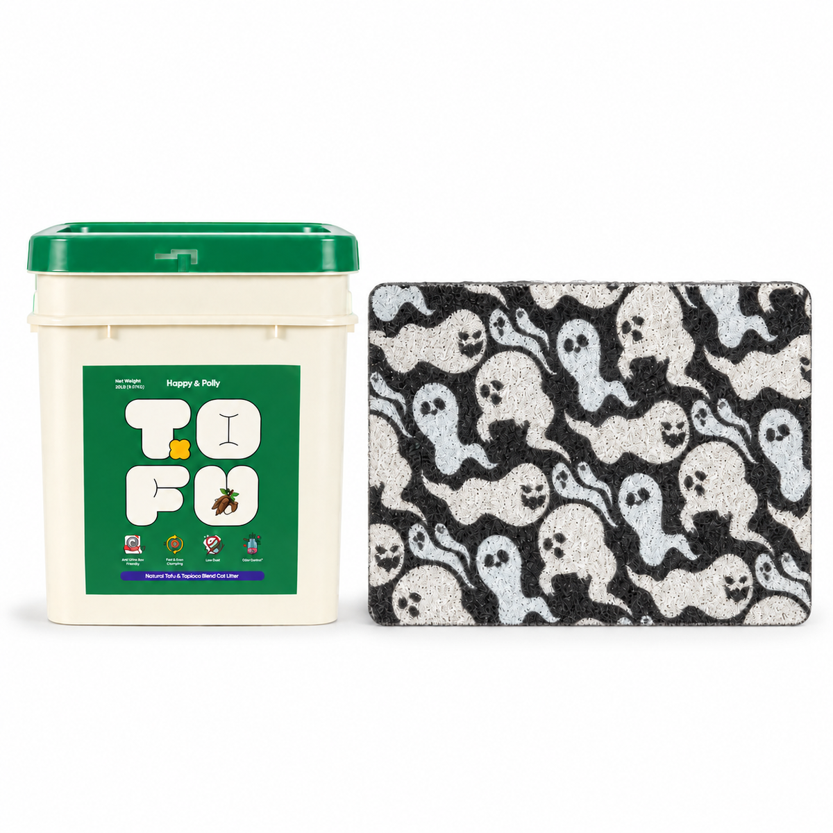 Happy &amp; Polly Tofu &amp; Cassava Cat Litter 20lb Bucket with Gothic Style Cat Litter Mat — Style C — white background
