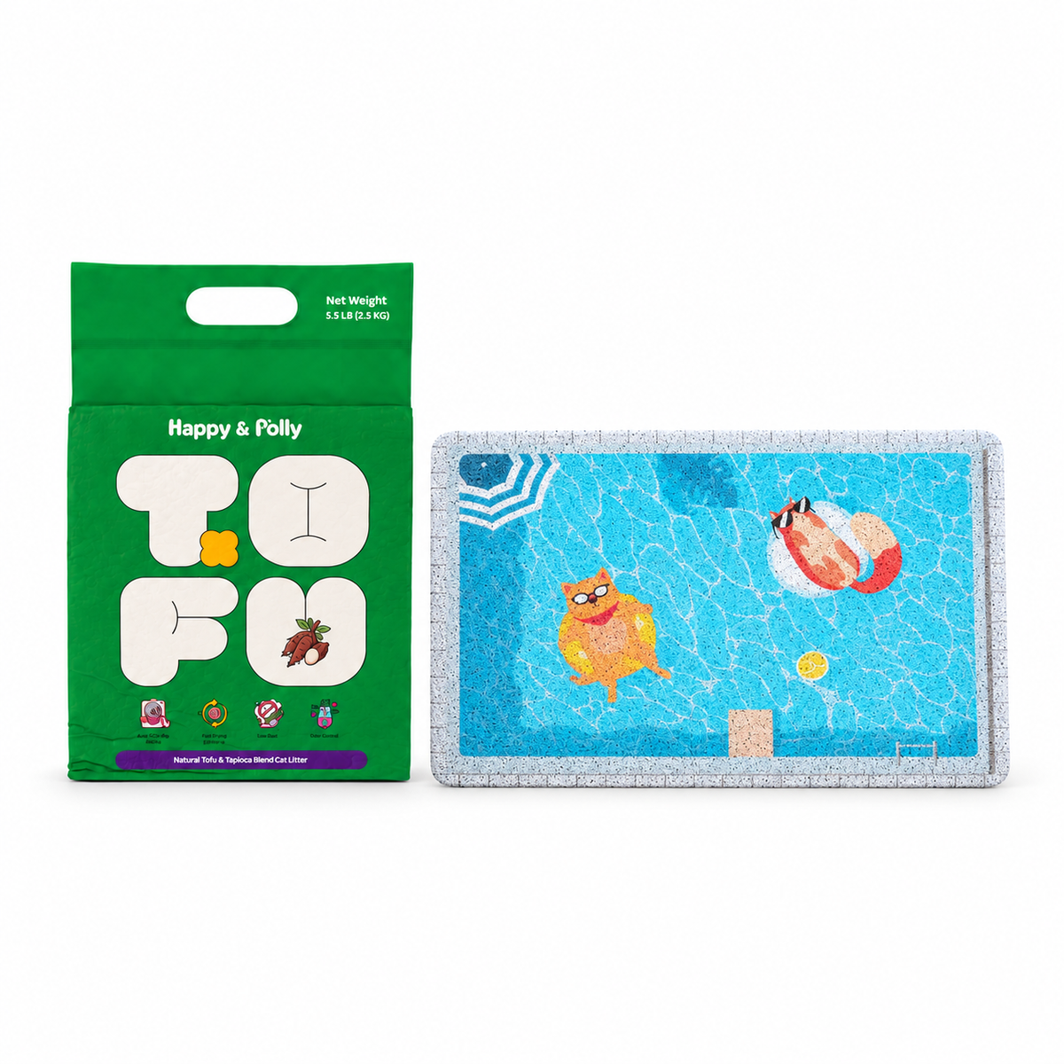 Happy &amp; Polly Tofu &amp; Cassava Cat Litter 5.5lb Bag with Summer Pool Cat Litter Mat — white background