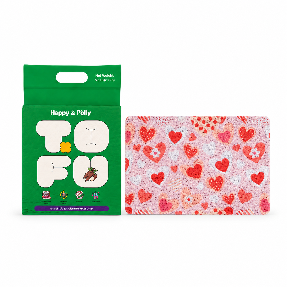 Happy &amp; Polly Tofu &amp; Cassava Cat Litter 5.5lb Bag with Sweetie Heart Cat Litter Mat — white background