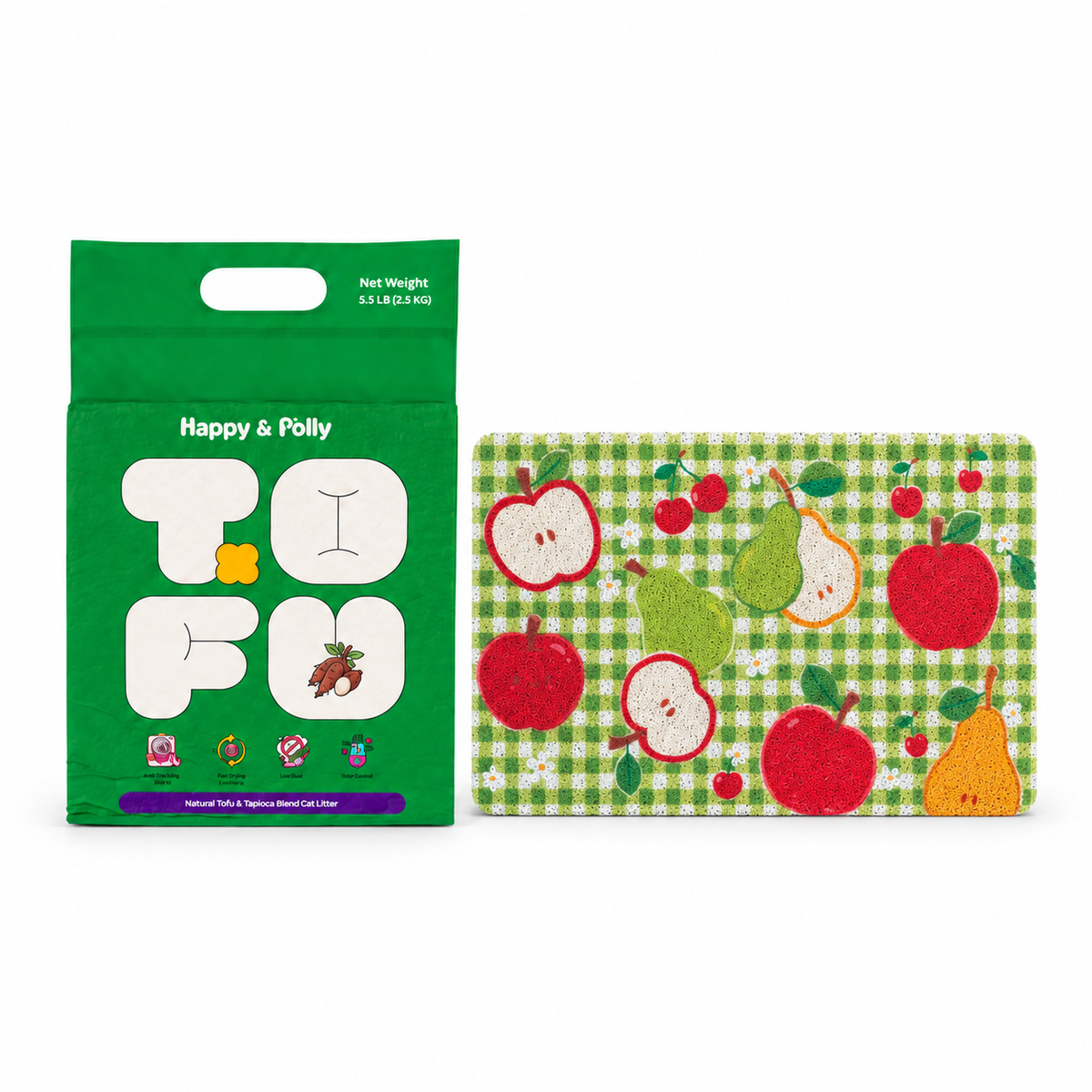 Happy &amp; Polly Tofu &amp; Cassava Cat Litter 5.5lb Bag with Fruit Garden Cat Litter Mat — white background