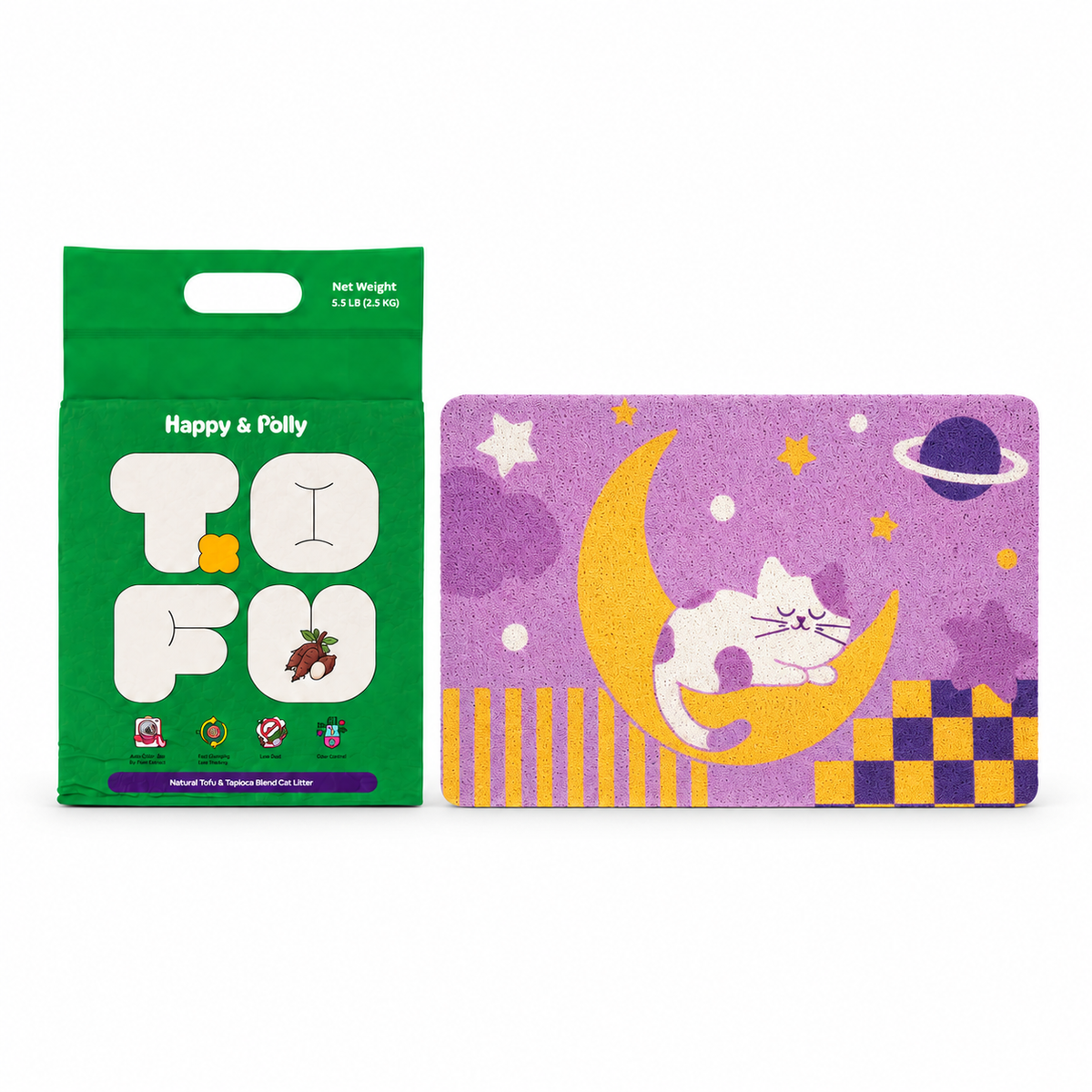 Happy &amp; Polly Tofu &amp; Cassava Cat Litter 5.5lb Bag with Moonlight Dream Cat Litter Mat — white background