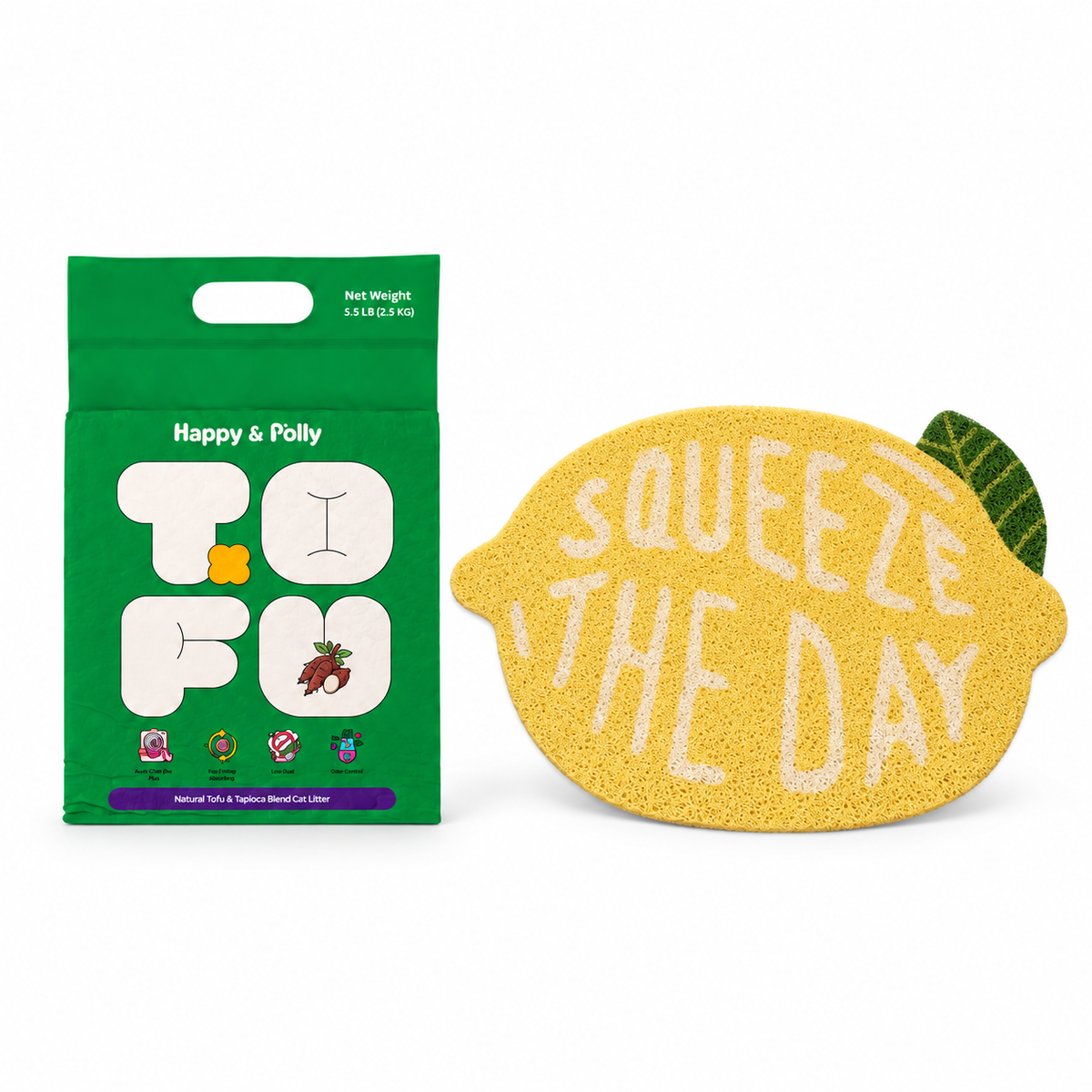 Happy &amp; Polly Tofu &amp; Cassava Cat Litter 5.5lb Bag with Fruit Series Cat Litter Mat — Lemon — white background