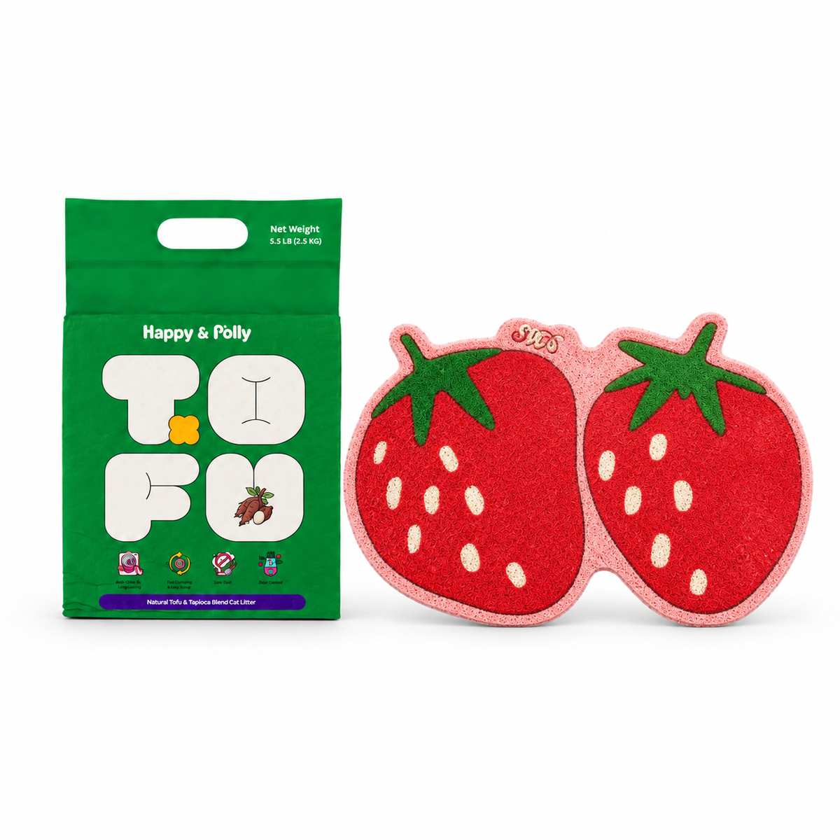Happy &amp; Polly Tofu &amp; Cassava Cat Litter 5.5lb Bag with Fruit Series Cat Litter Mat — Strawberry — white background