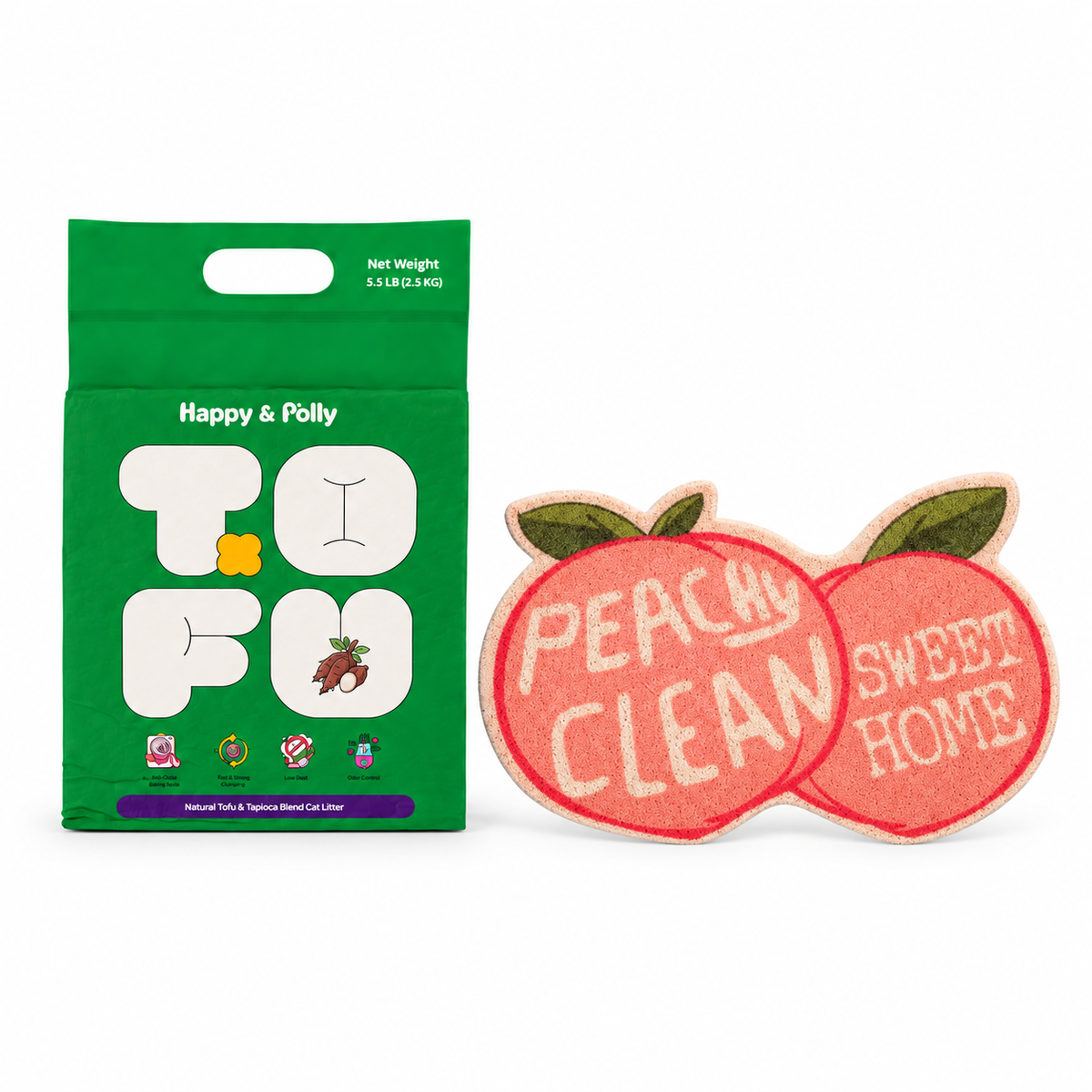 Happy &amp; Polly Tofu &amp; Cassava Cat Litter 5.5lb Bag with Fruit Series Cat Litter Mat — Peach — white background