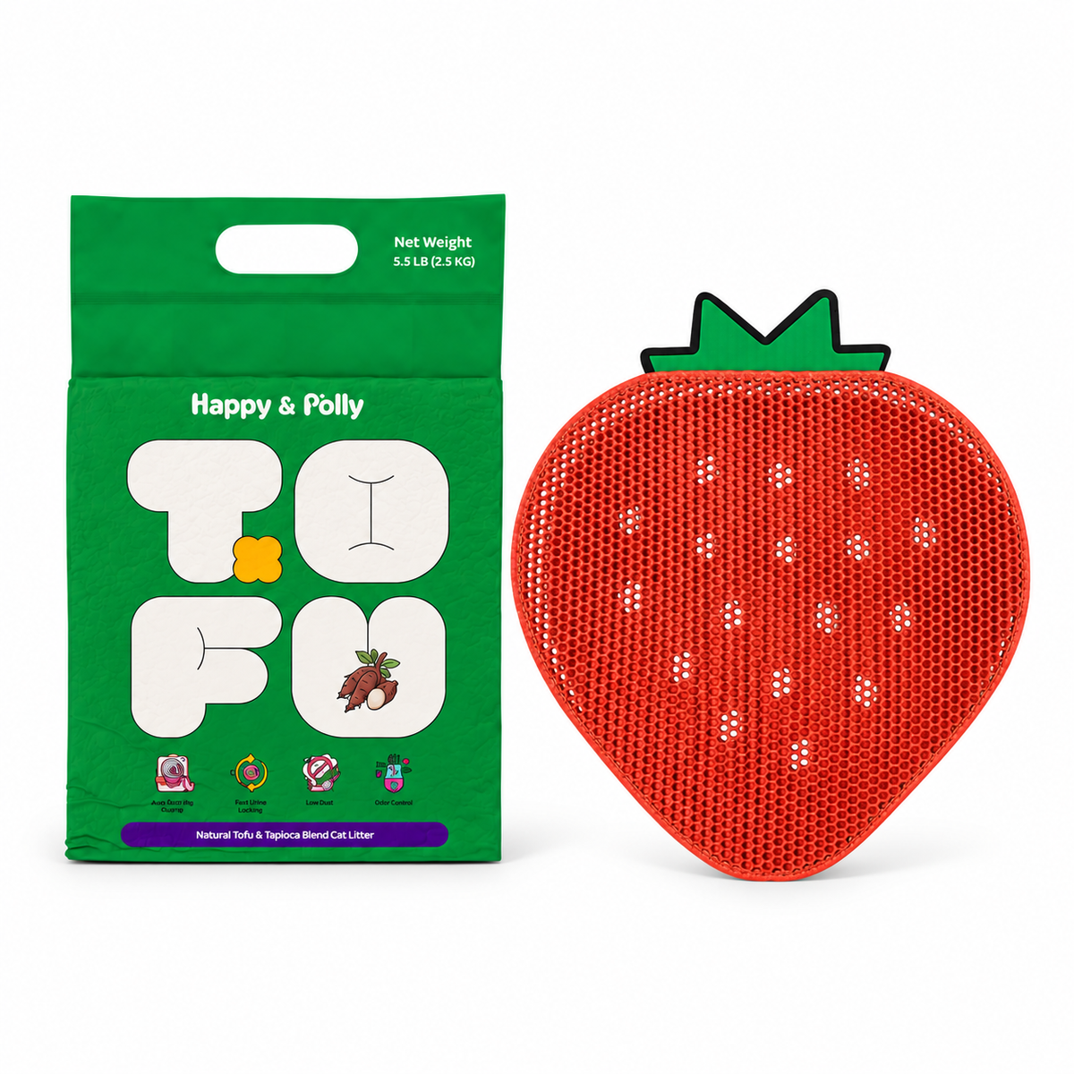 Happy &amp; Polly Tofu &amp; Cassava Cat Litter 5.5lb Bag with Double-Layer Strawberry Cat Litter Trapping Mat – Keep Your Floors Clean — white background