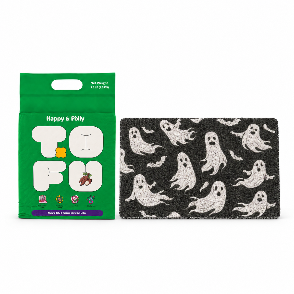 Happy &amp; Polly Tofu &amp; Cassava Cat Litter 5.5lb Bag with Gothic Style Cat Litter Mat — Style A — white background