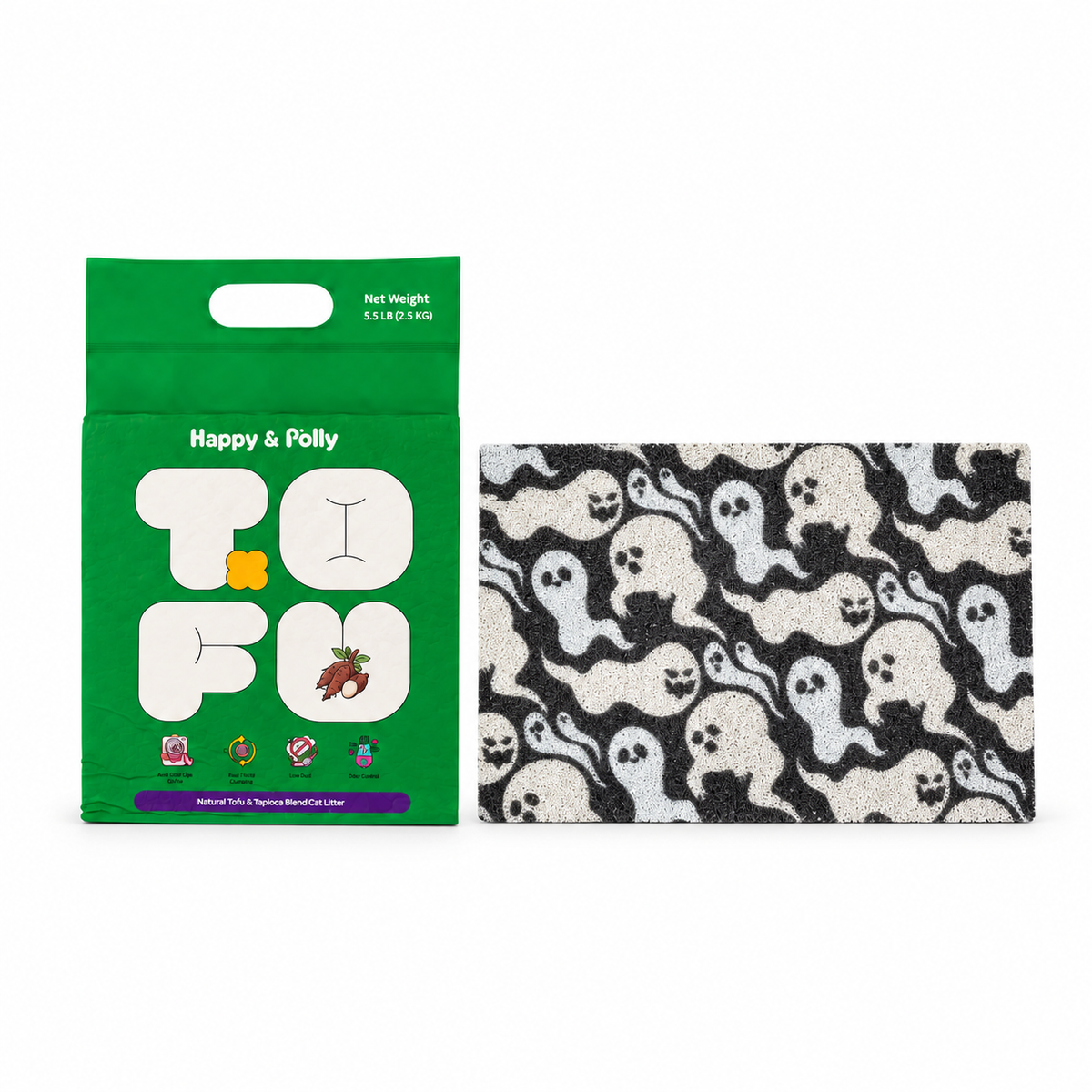 Happy &amp; Polly Tofu &amp; Cassava Cat Litter 5.5lb Bag with Gothic Style Cat Litter Mat — Style C — white background