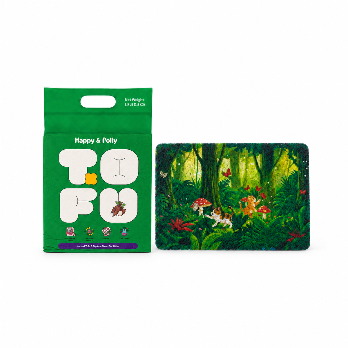 Tofu &amp; Cassava Natural Cat Litter and Tropical Jungle Cat Litter Mat bundle — 1bag-white