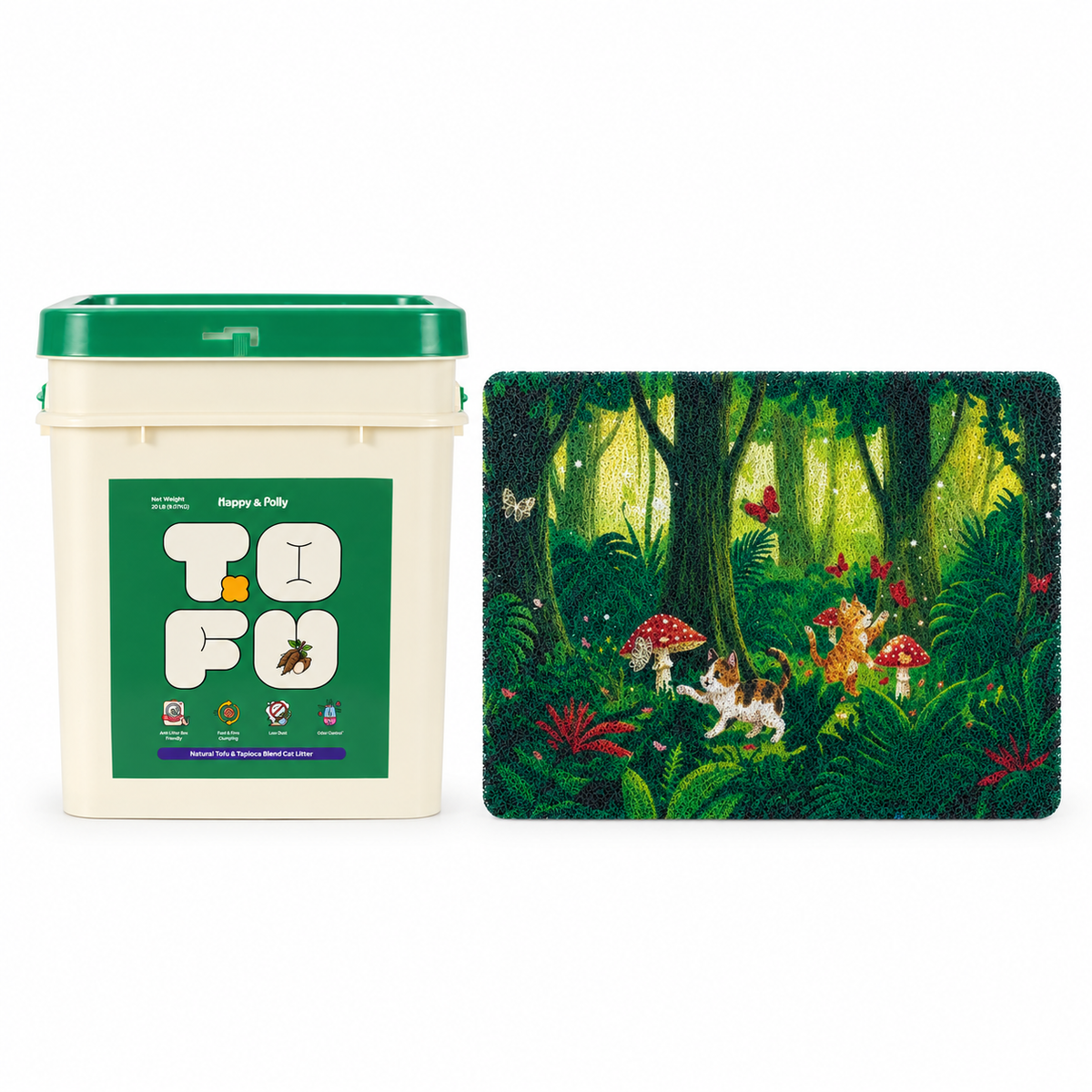 Tofu &amp; Cassava Natural Cat Litter and Tropical Jungle Cat Litter Mat bundle — 20lb-white